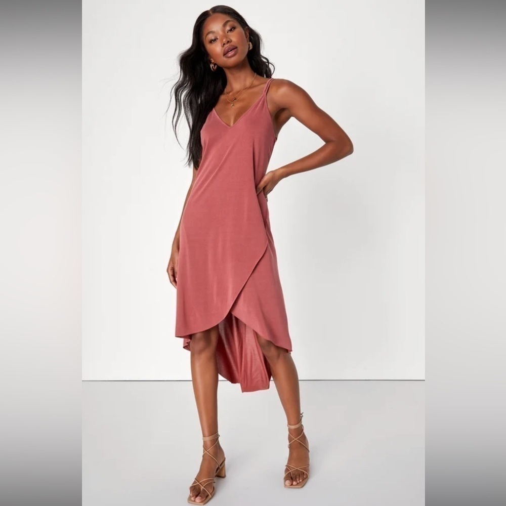 Lulu’s Hi-Low Twin Spaghetti Strap Stretch Knit Dress In Washed Red Size M